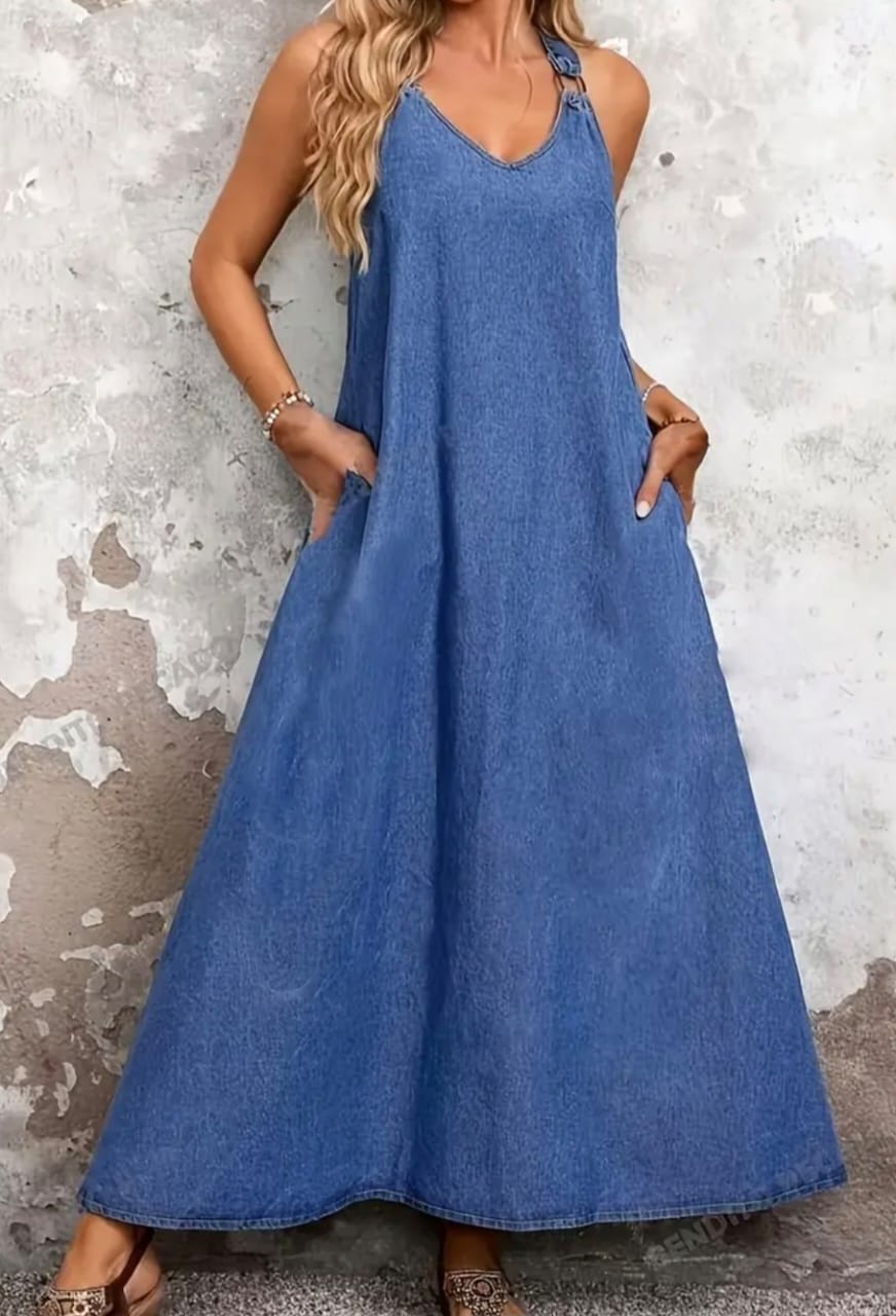 V-Neck Long Dress Faux Denim Look
