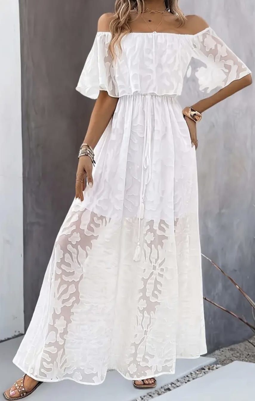 Off-Shoulder Jacquard White Dress