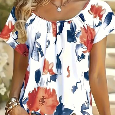Red-Blue Floral Print Blouse
