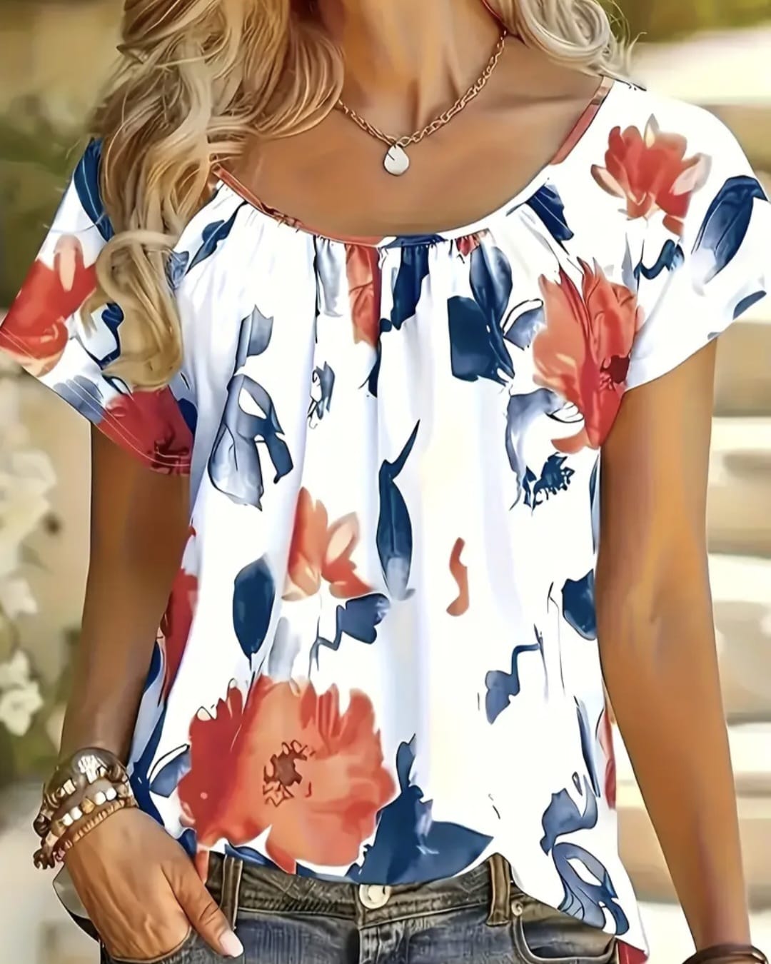 Red-Blue Floral Print Blouse