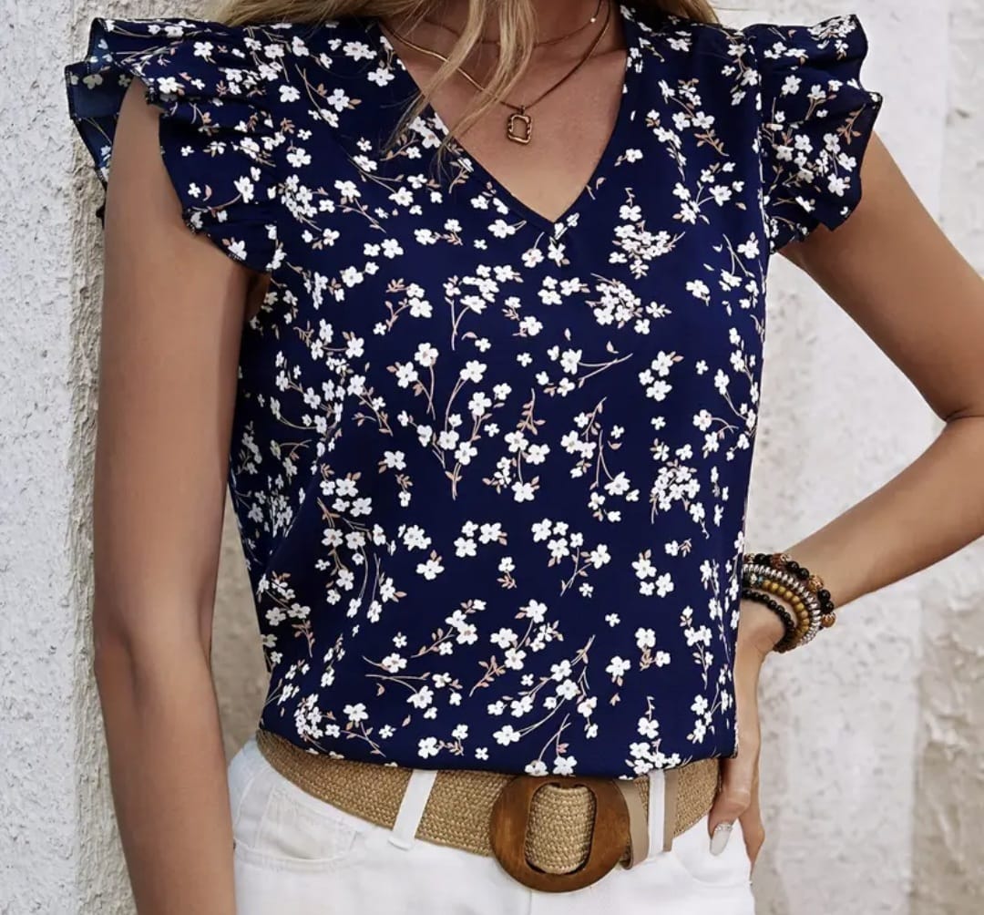 Navy Blue & White Floral Print Blouse