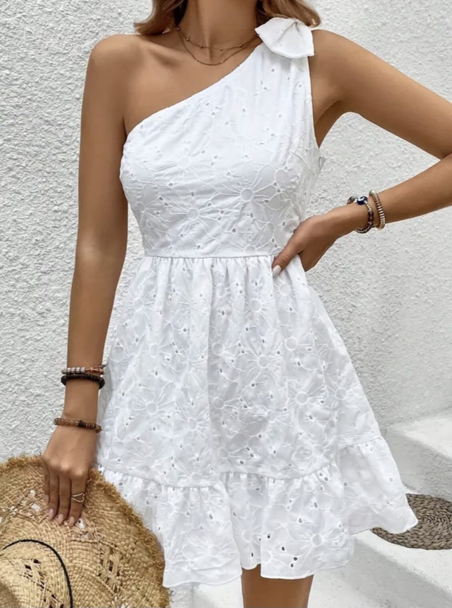 One-shoulder Embroided White Dress